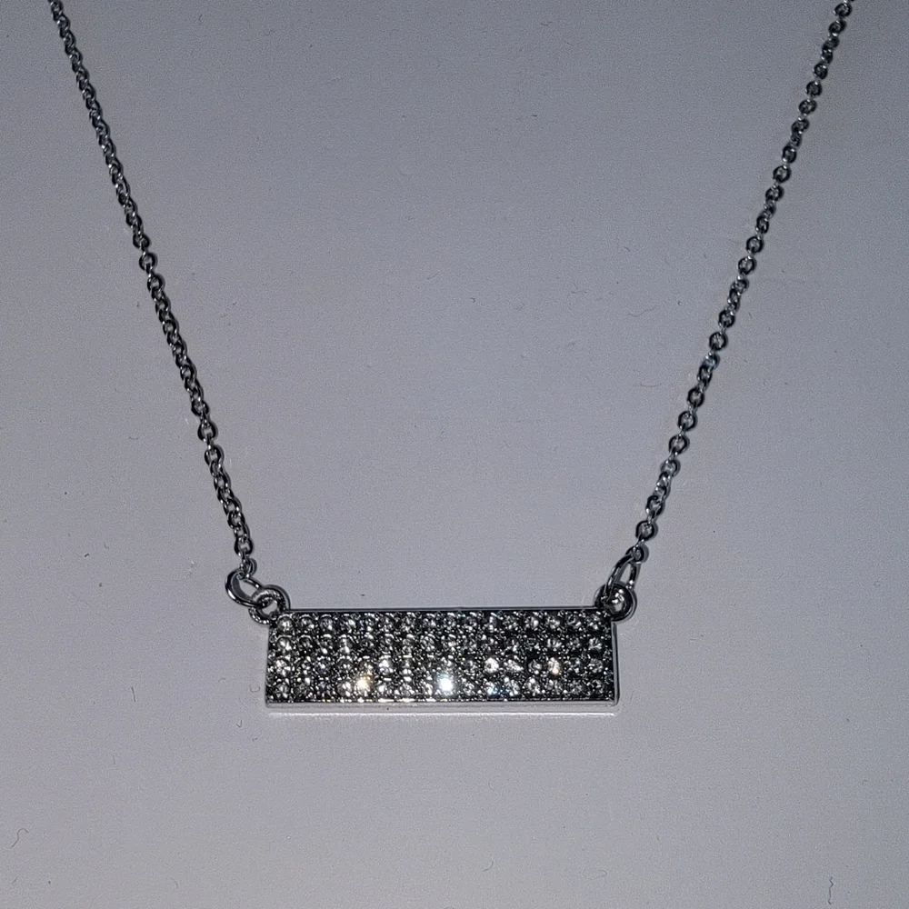 Pave Bar Necklace Silver Tone Clear Diamond Rhinestones Iced Out